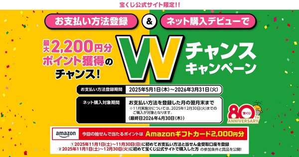 宝くじ公式サイトがキャンペーン実施中！ポイントやアマギフが当たる
