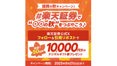 楽天証券SNSキャンペーン 抽選で50名に1万円分のデジタルギフト券を贈呈 画像