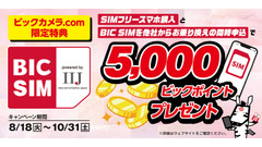 ビックカメラグループのBIC SIM、スマホ購入とMNP乗り換えで最大5,000ポイント還元キャンペーン開始 画像