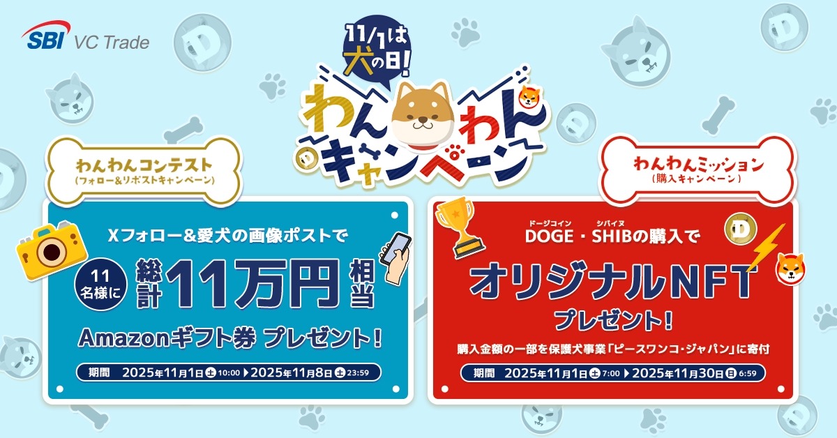 SBI VCトレードが11/1「犬の日」キャンペーン開催 アマギフやNFT