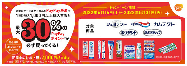 対象のオーラルケア商品をPayPay決済で1回税込1,000円以上購入すると最大30％のPayPayポイントが必ず戻ってくる