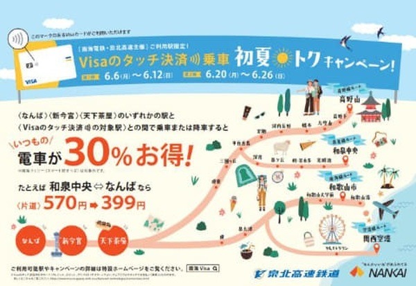 【南海電鉄】（6/20～6/26）Visaのタッチ決済で運賃3割引き