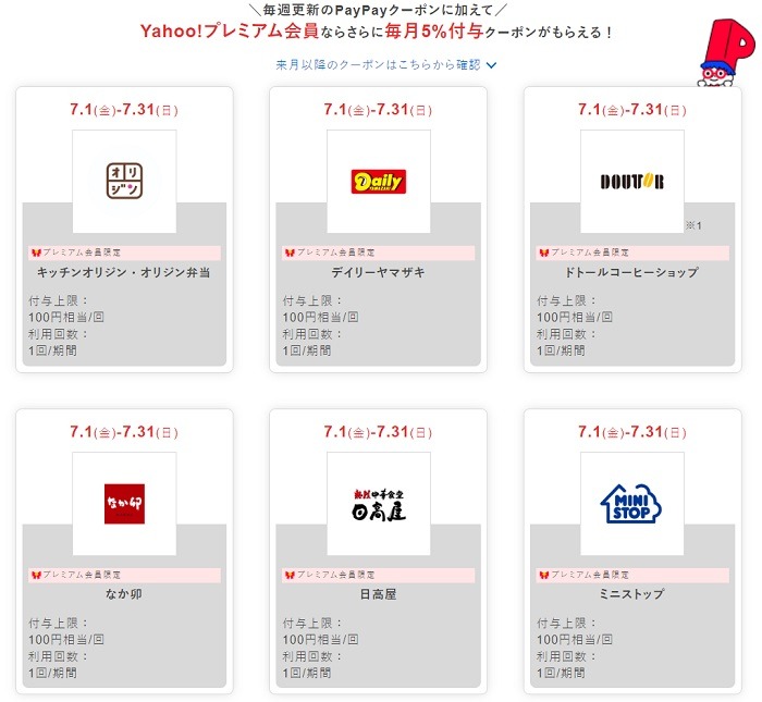 7月の「Yahoo！プレミアム会員限定PayPayクーポン」は、飲食店が充実