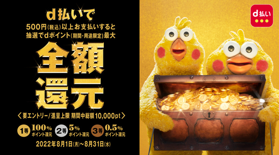 d払いで500円（税込）以上お支払いすると抽選でdポイント（期間・用途限定）最大全額還元　＜要エントリー／進呈上限期間中総額10,000pt＞　1等100%ポイント還元　2等5%ポイント還元　3等0.5%ポイント還元　2022年8月1日（月）～8月31日（水）