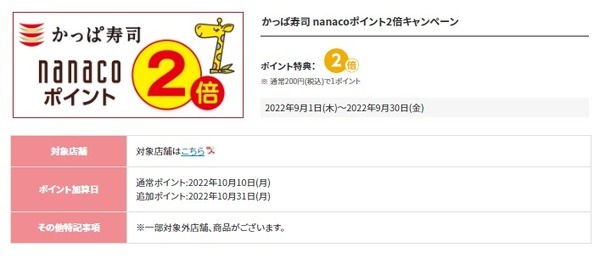 かっぱ寿司 nanacoポイント2倍キャンペーン