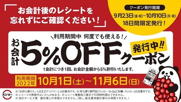 会計5%引きクーポンを配布中