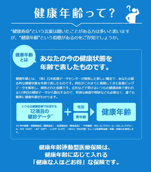 「健康年齢」で保険料が決まる　健康年齢連動型医療保険