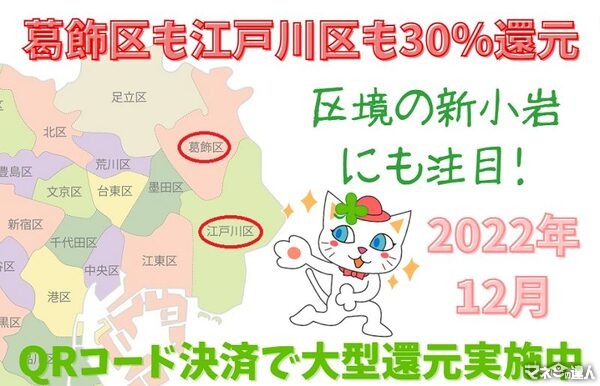 【2022年12月】葛飾区も江戸川区も30％還元！スーパー、コンビニも一部還元対象　区境の新小岩にも注目