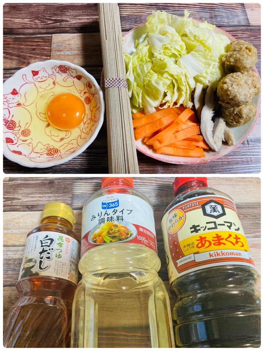 白菜と冷凍肉団子のあんかけ卵とじ蕎麦の材料