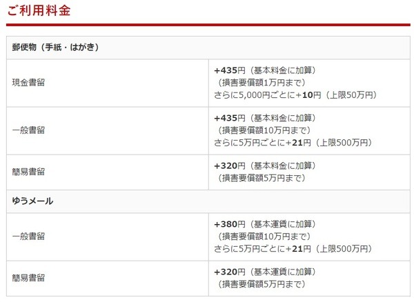 簡易書留の料金