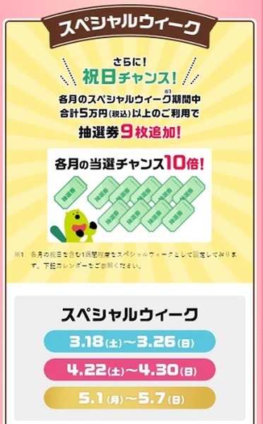 「祝日の週」の利用で当選確率が10倍