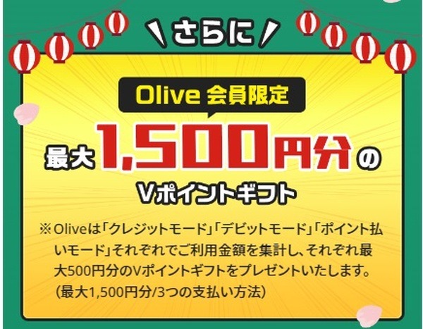【三井住友カード】スマホ決済で最大500円分のVポイントギフトもらえる　Olive会員なら最大1500円分も