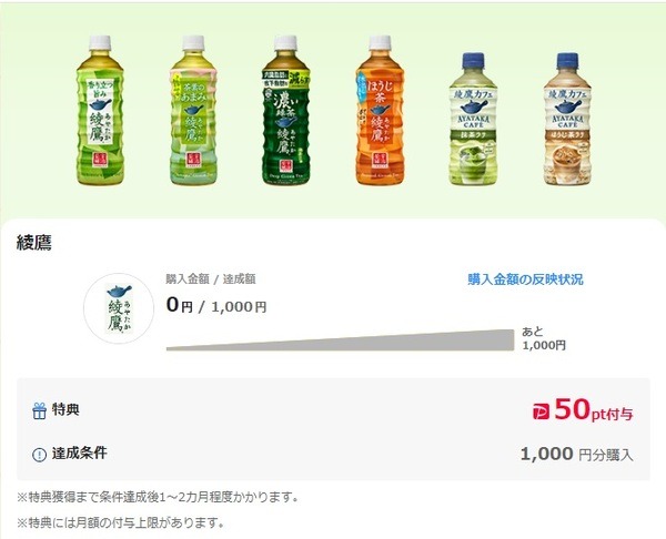 綾鷹であれば1,000円買うとPayPay50ポイントがもらえます