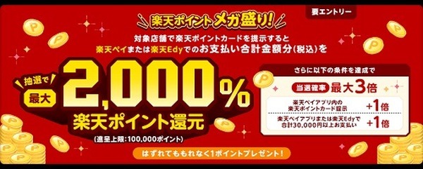 楽天ポイントカード提示&楽天ペイor楽天Edy支払いで2,000%還元のチャンス