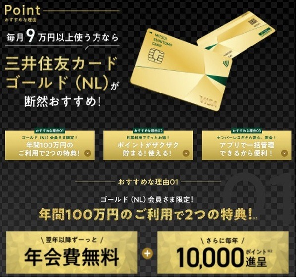 「三井住友カードゴールド（NL）」は年100万円以上利用で年会費永年無料
