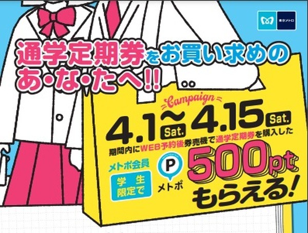 通学定期券購入で500ポイントもらえる