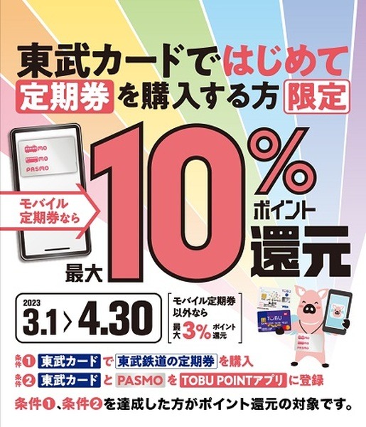 東武カードでの定期券購入で最大10%還元