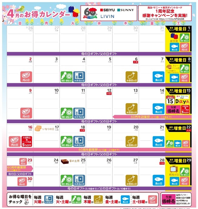 4月のお得な日は土曜日のみ