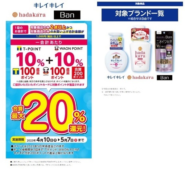 対象商品のみ2点以上かつお買い上げ合計金額が税込1,000円以上で一会計あたり最大20％還元
