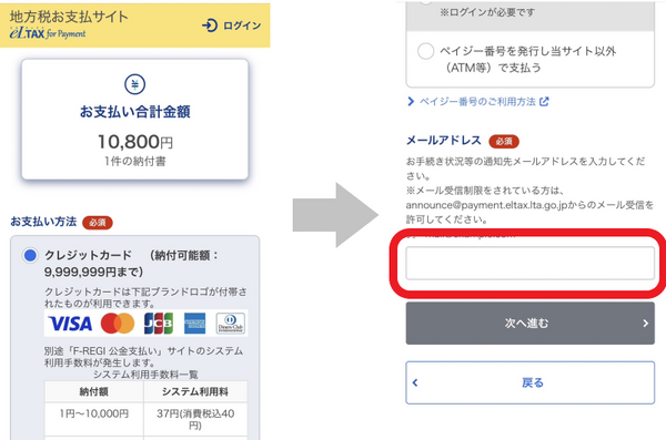 「クレジットカード」を選択、下のメールアドレスも入力