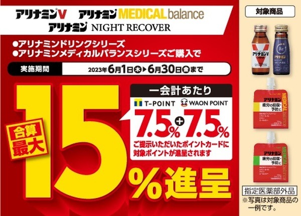 購入で1会計あたり7.5％＋7.5％ 合算最大15％進呈
