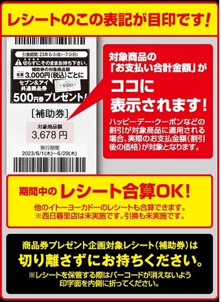対象期間中であれば複数レシートの合算もOK、異なる店舗のレシート合算もOK