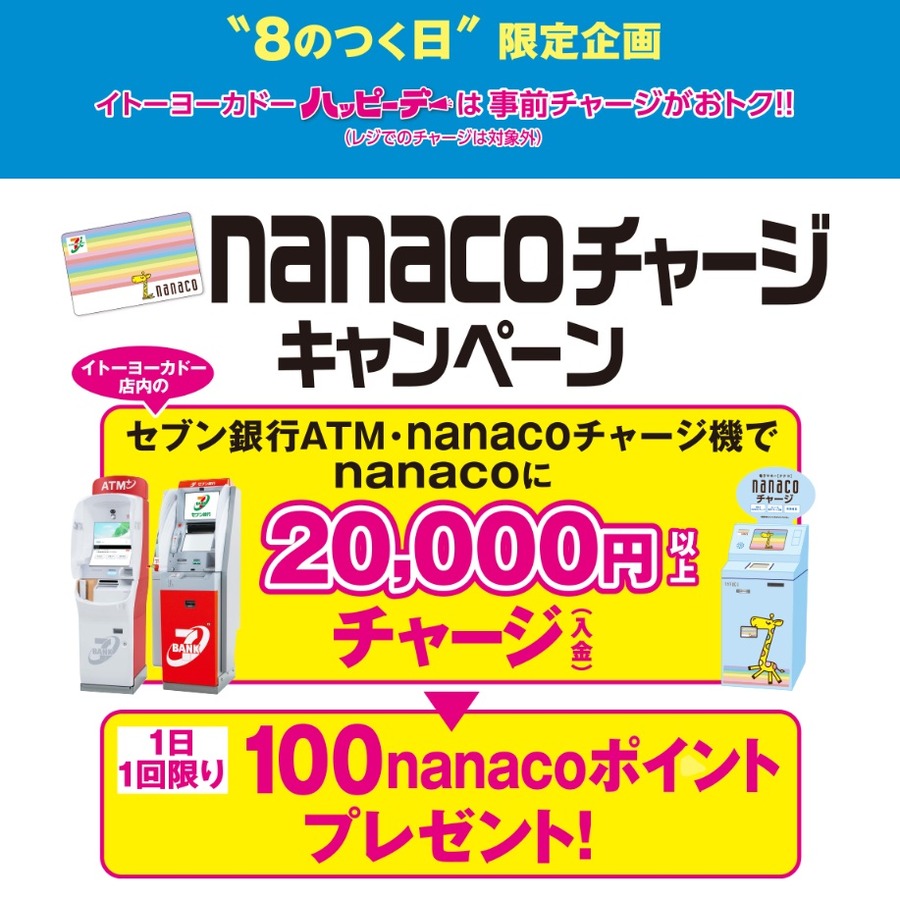 「8のつく日」イトーヨーカドー限定 「イトーヨーカドー店内セブン銀行ATMなど2万円以上チャージで100nanacoポイント」