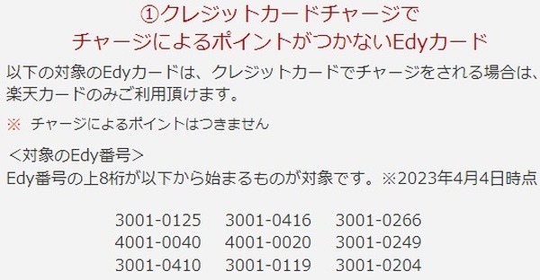 クレジットチャージに制限のあるEdyカード