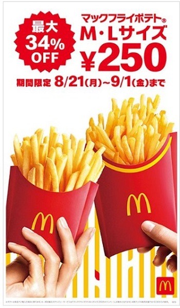 マックフライポテトM・Lサイズが250円
