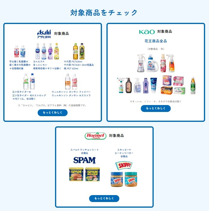 対象商品は、花王商品全品、アサヒ飲料の対象商品（カルピス、ウィルキンソン タンサン、三ツ矢サイダーなど）、そして、ホーメルフーズのスパムランチョンミートなど