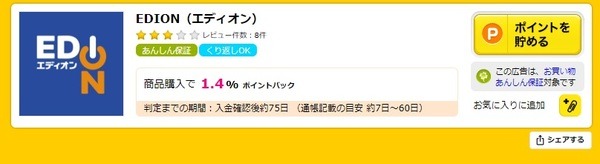 ポイ活：ポイントサイト経由で1.4％