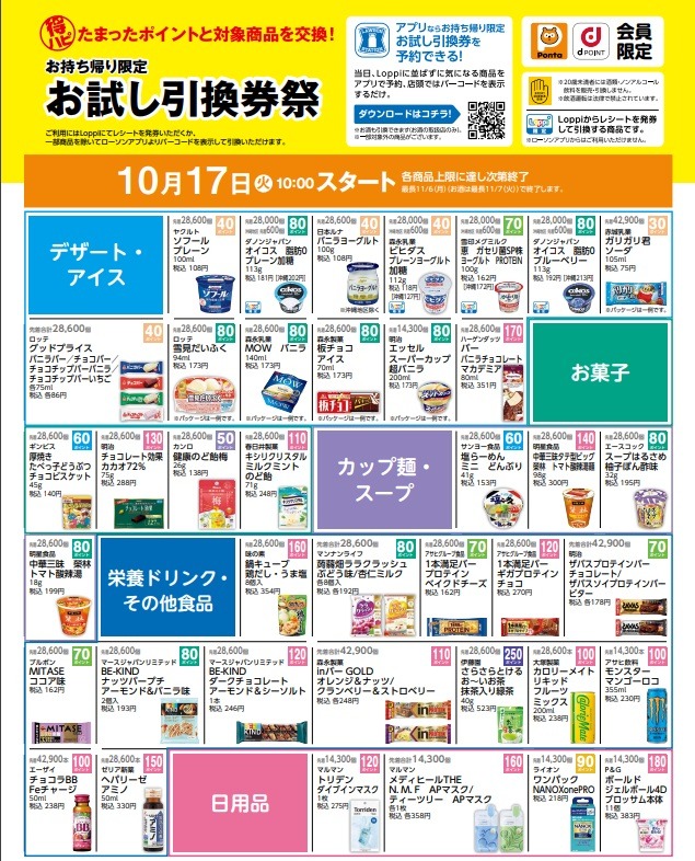 アイスクリーム、お菓子、カップ麺など