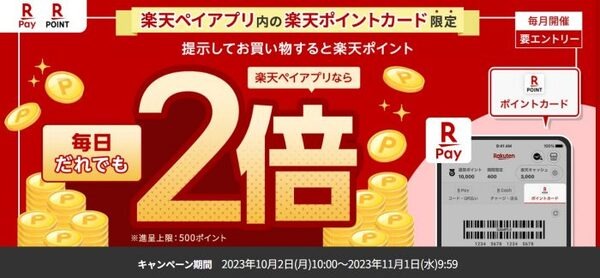 楽天ペイアプリ内の楽天ポイントアプリ提示で2倍