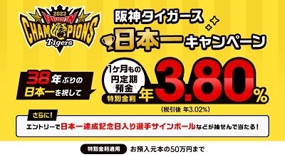 【auじぶん銀行】祝！阪神タイガース日本一　年3.80%の1か月もの円定期預金登場　他球団ファンも参加できます