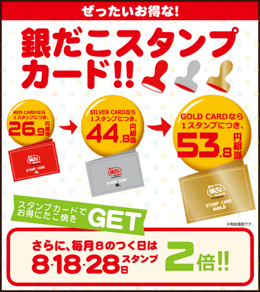 【銀だこ】年末感謝祭100円引は本日まで、スタンプ2倍のお得祭りは「8日」がねらい目！