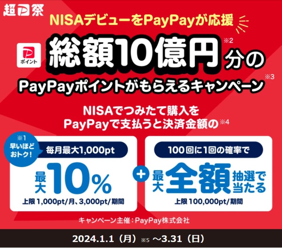 【新NISAデビュー】PayPay資産運用で総額10億円分PayPayポイント還元キャンペーン　お得度と注意点考察