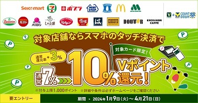 【三井住友カード】対象コンビニ・飲食店でのスマホタッチ決済で10%還元　エントリーして参加しよう