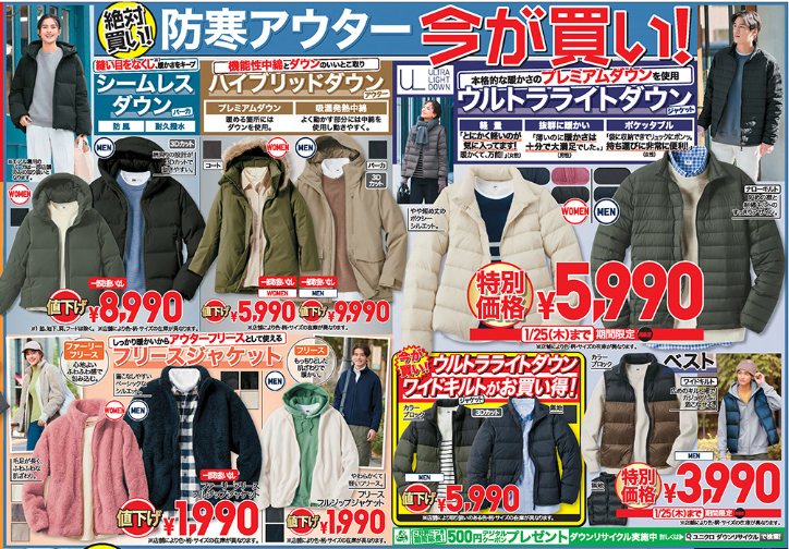 【ユニクロ値下げ（1/25まで）】絶対買い！ダウンアウター　要望別おすすめ商品