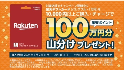 【楽天ギフトカード】100万ポイント山分けキャンペーン実施中　ウエルシア・ミニストップではデジタル版の販売終了も