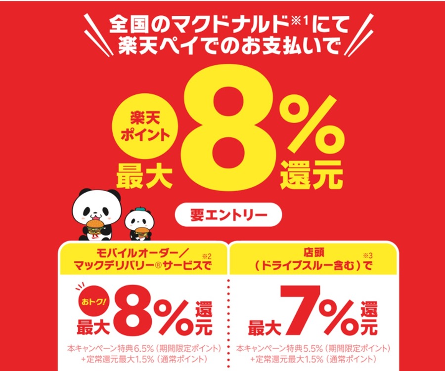3/10-3/30まで【楽天ペイ】マクドナルドで最大8%還元キャンペーン　併用可能なお得ワザもあり