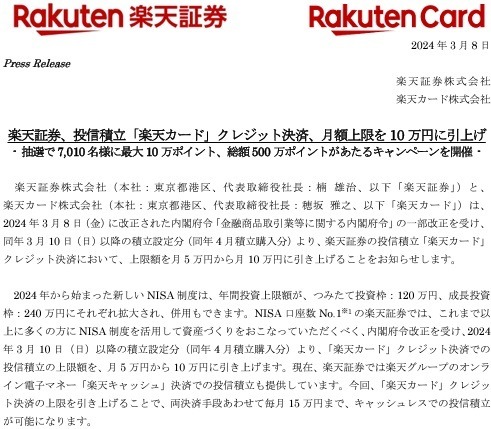 【新NISA】クレカ積立の上限が月10万円に引き上げ　SBI・楽天・auカブコム・マネックスの証券会社の対応も解説