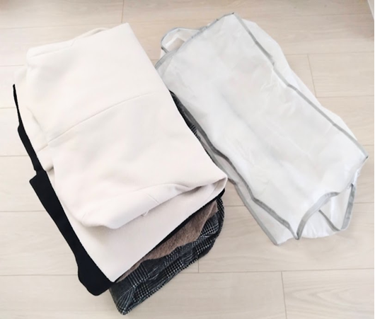 分厚くかさばる冬物の収納に役立つ「ダイソーアイテム」クッションになる布団袋や手押し圧縮袋、つるシューなど6点紹介