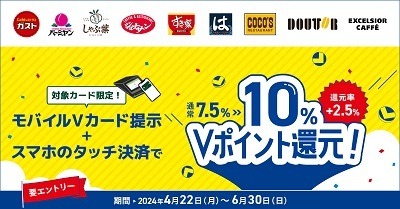 【三井住友カード】対象飲食店でのスマホタッチ決済で10%還元　モバイルVカード提示が条件に追加、コンビニ・マックは対象外