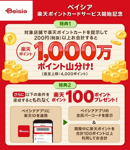 「ベイシア」で楽天ポイントサービス開始　ベイシアポイントとの二重取りも可能で、ID連携すれば操作も簡単