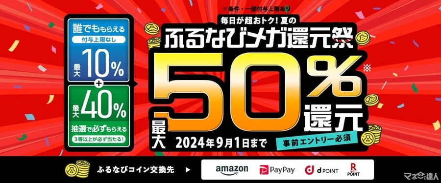 事前エントリーと寄附で最大50％還元(8/2-9/1) ふるなびコインはAmazonギフトカード、PayPay残高、dポイント、楽天ポイントに交換可能