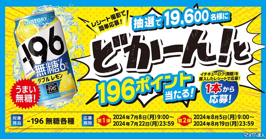 これは当たる！抽選で19,600名に選べるデジタルポイント196ポイント分（8/19まで）サントリー「-196無糖」を購入→レシートで応募