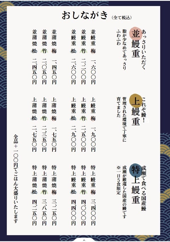 「鰻の成瀬」3種類の価格帯のうな重を同量で提供開始(8/10～)　特上の「松（1尾）」は4400円（税込）