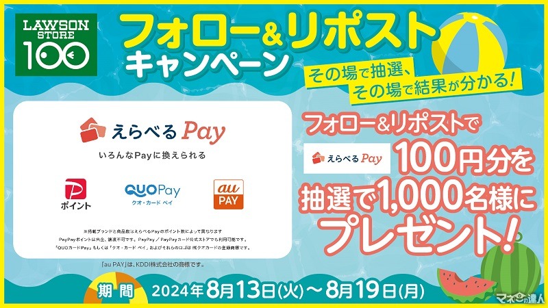 えらべるPay100円分もらえる！抽選で合計1,000名その場でわかる。