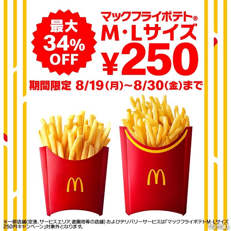 単品購入限定！マクドナルド、期間限定でマックフライポテトM・Lサイズを250円に(8/19-30)