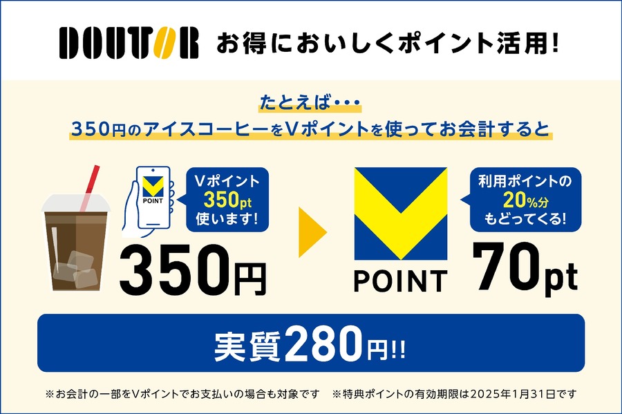 アイスコーヒー350円→実質280円【ドトール×Vポイント】20％還元キャンペーン（9/1-9/30）